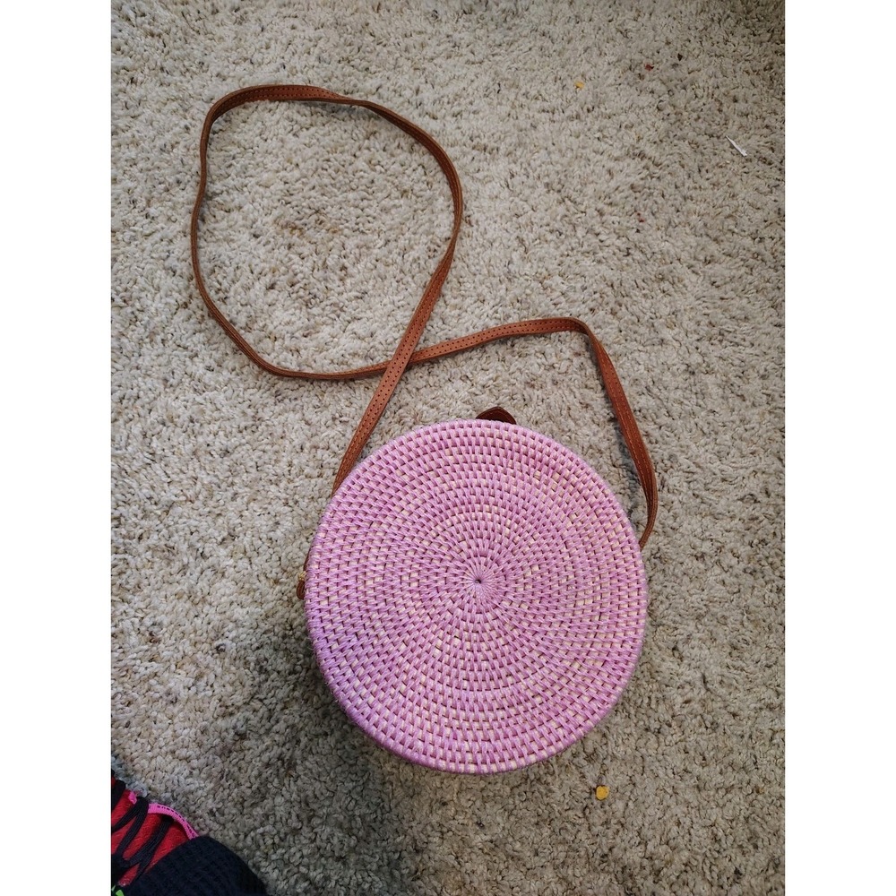 Nordstrom Circular Woven Rattan Canteen Crossbody Bag Pink